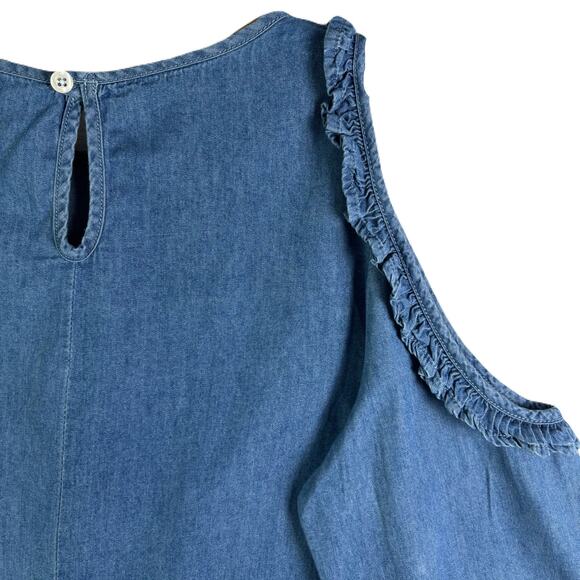 DIZZY LIZZY Denim Cold-Shoulder Ruffled Trim Long Sleeve Womens blouse Size L - Picture 8 of 10